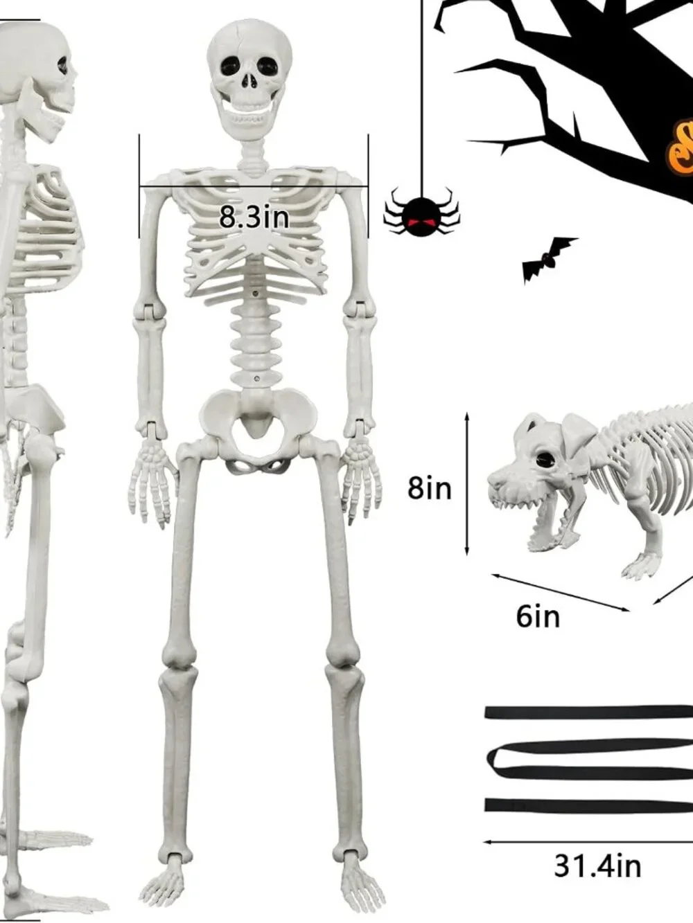 3FT Lighted Human Skeleton w Skeleton Dog Halloween Decor Posable Indoor Outdoor